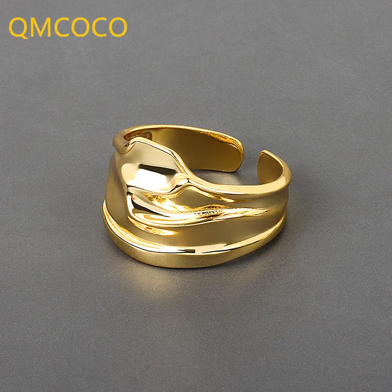 

QMCOCO Silver Color Smooth Irregular Geometric Pattern Wide Ring Women Fashion Romantic Open Adjustable Party Finger Rings