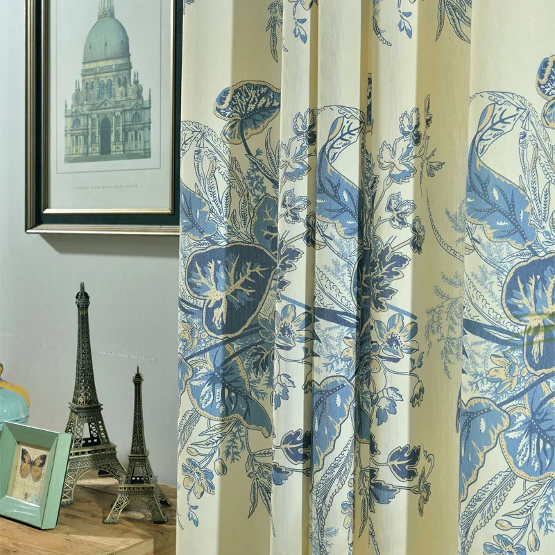 

Modern Curtains for Living Dining Room and Bedroom Pastoral Chinese Style Polyester Cotton Printed Tulle Curtains