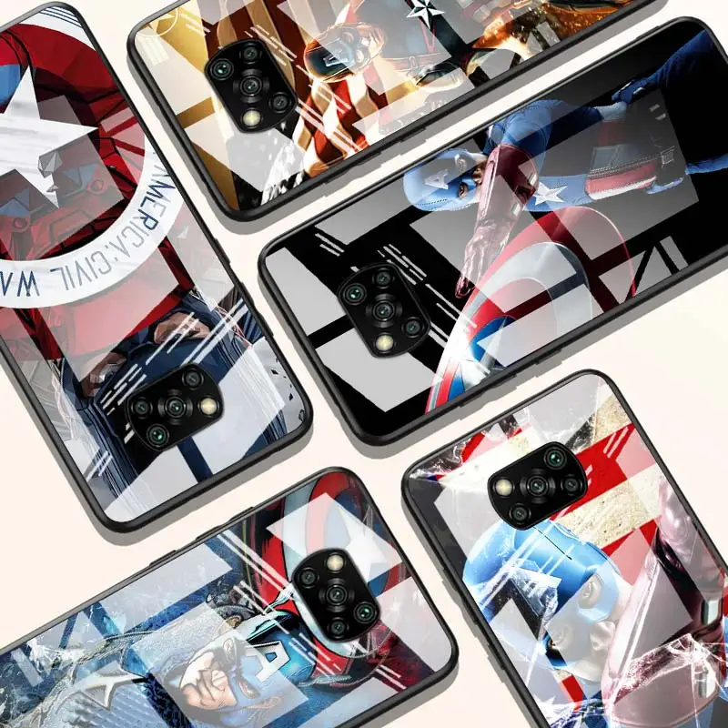 

Captain America Marvel for Xiaomi POCO X3 NFC F3 M2 X2 F2 Redmi K30 Redmi Note 9 Pro Luxury Tempered Glass Phone Case Cover