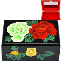Fancy Chinese Lacquerware Jewelry Storage Case with Lock Mirror Wooden Decoration Collection Makeup Box Wedding Gift
