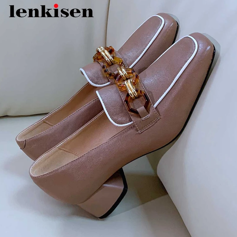 

Lenkisen newest style sheep leather chains decorations square toe thick med heel slip on european design fashion women pumps L71