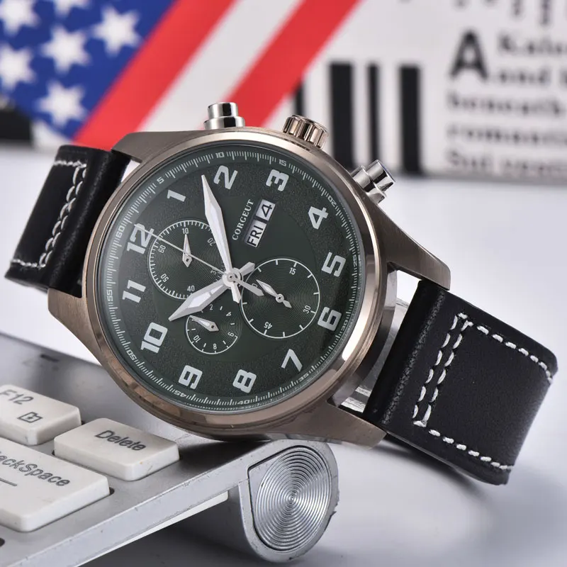 

Mens Quartz Watch 41mm Fashion Green Dial Stainless Steel Pvd Case Multifunction Calendar Date Luminous Hands Watch Mens New