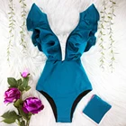 Новинка 2021, сексуальный слитный купальник с цветочным принтом и оборками, купальник с открытыми плечами, Женская однотонная пляжная одежда с глубоким V-образным вырезом, купальный костюм, монокини