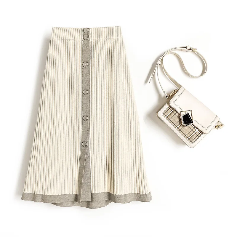 

2021 Autumn Winter New Temperament Women's Elastic Waist Button-shaped Straight Knit Skirt DF642
