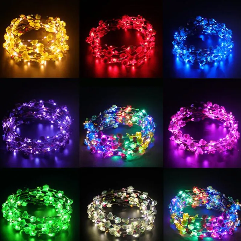 

2021 New Colorful LED Flashing Flower Headband Garland Wreath Women Girls Glowing Headwear Wedding Glow Party Supplies