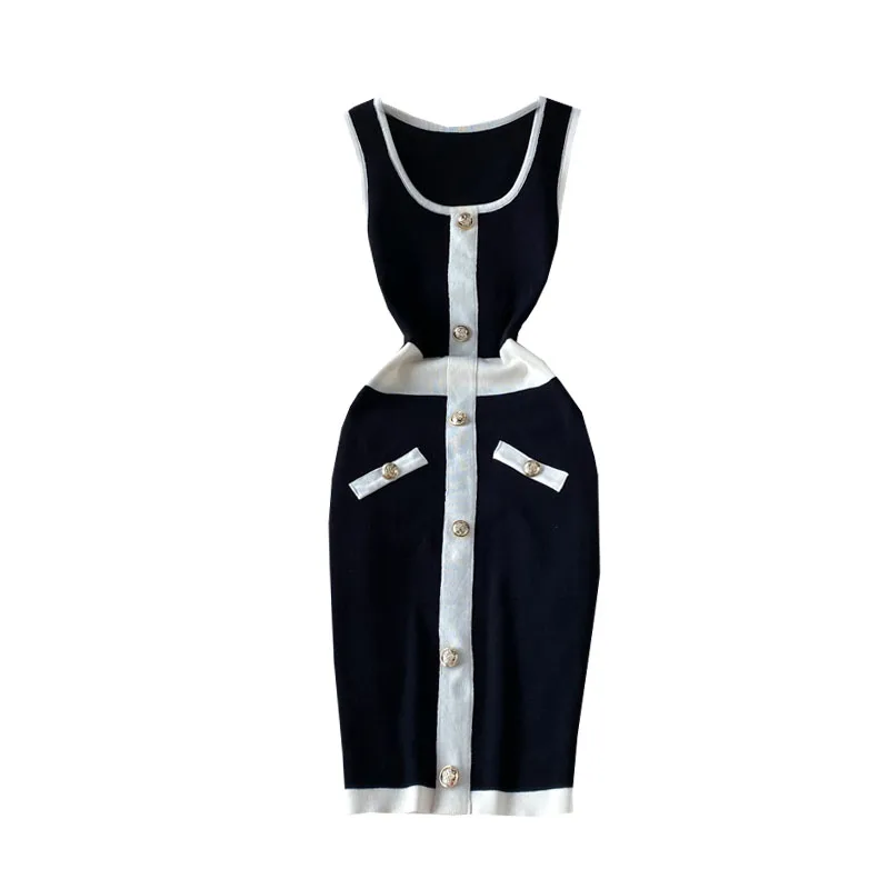 

2021 Summer New U-neck Patchwork Color Slim Casual High Waist Knitted Dress French Sleeveless Short Strap Dresses For Women Girl