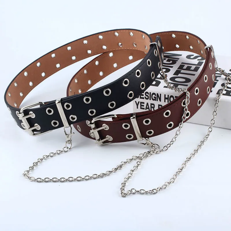 

Women Punk Chain Fashion Belt Adjustable Black Double/Single Eyelet Grommet Leather Buckle Belt