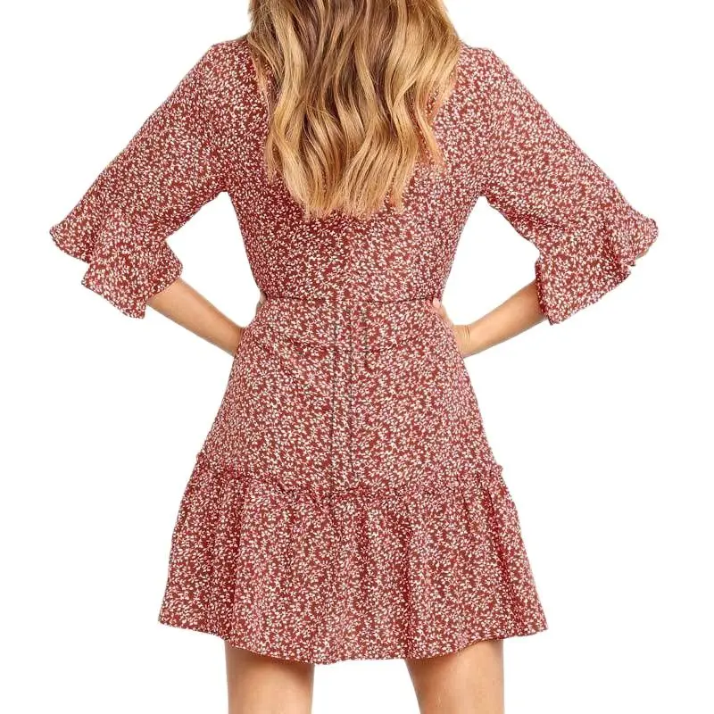 

Dresses for women casual Spring summer 2021 V-neck Quarter Sleeve printed chiffon high waist dress women vestido elegant woman