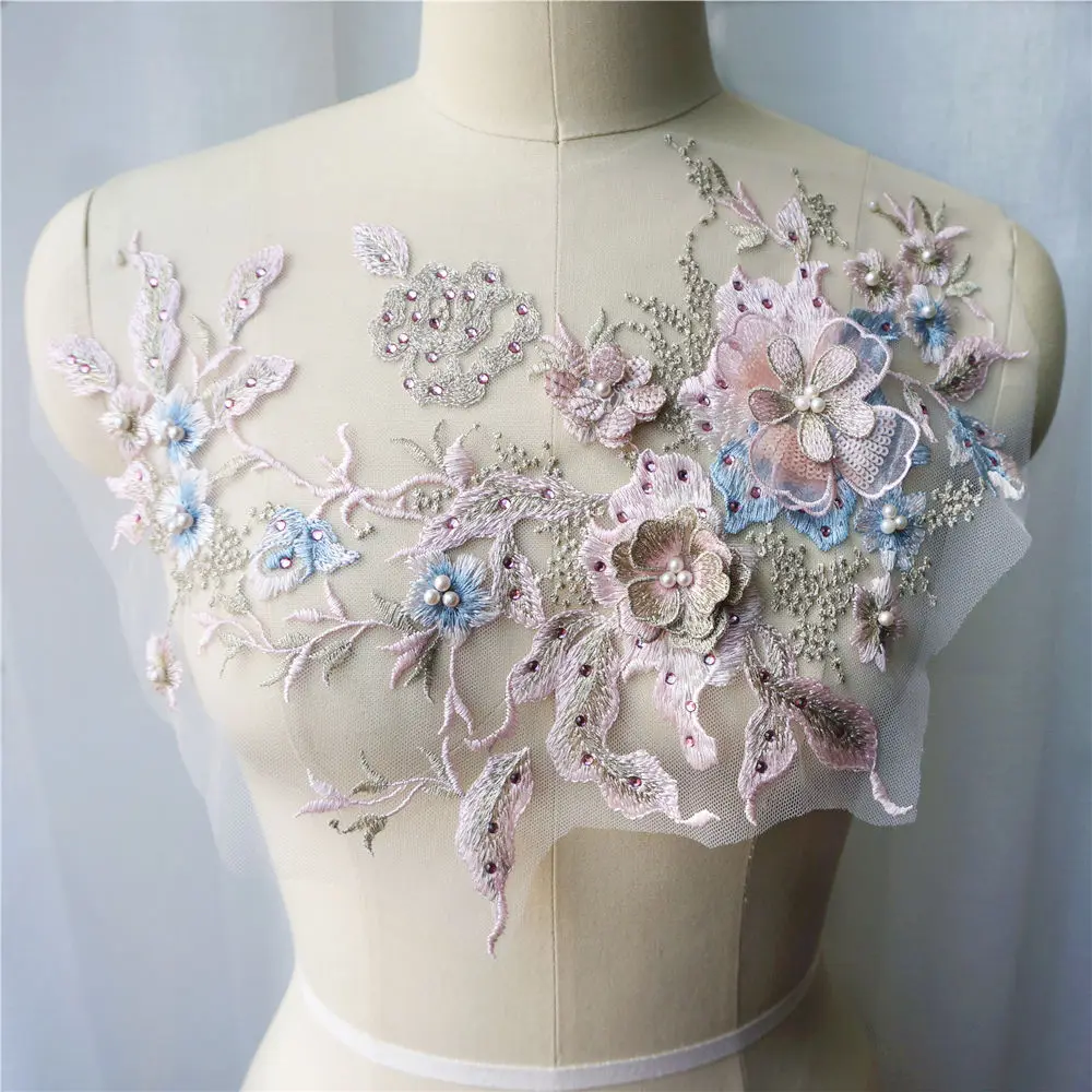 Черные синие золотые 3D Цветочные кружевные тканевые бусины вышитые аппликации