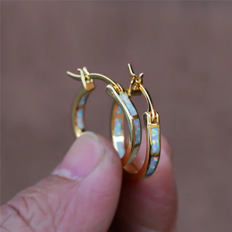 

Simple Female Blue White Opal Earrings Classic Black Gold Color Wedding Earrings For Women Vintage Bride Round Big Hoop Earrings