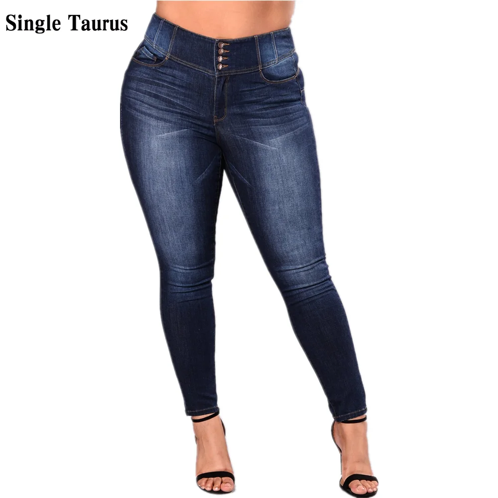 

Размера плюс повседневные джинсы, v-образным вырезом и завышенной талией, эластичные Mon синего джинсового цвета пуш-ап уличная узкие, штанин...