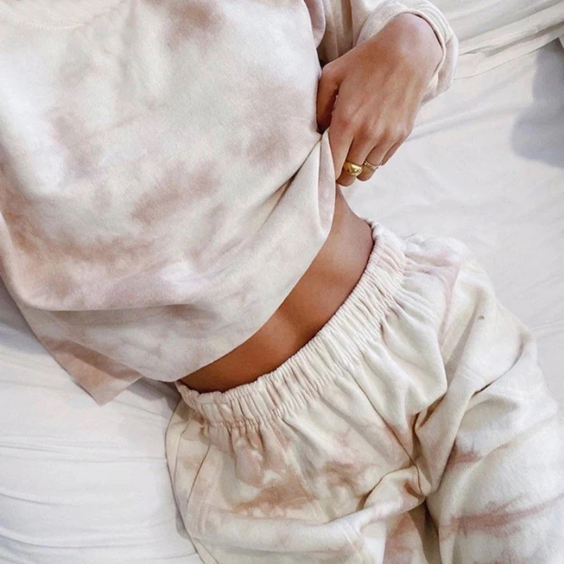

Fashion Women 2Pcs Tracksuit Long Sleeve Tie Dye/Leopard Printed Hoodies Sweatshirt High Waisted Pants Sets Lady Casual Suits