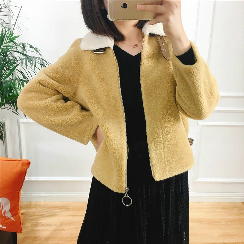 Женское пальто с натуральным мехом осенне-зимняя Корейская милая куртка овечьим