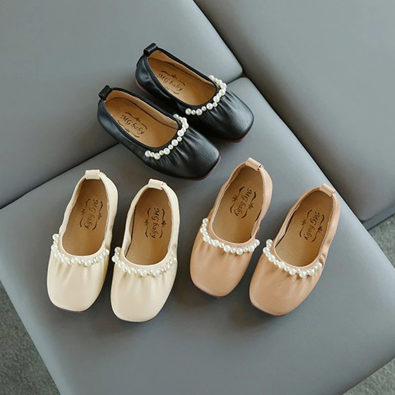 

Fashion Slip-on Baby Girls Leather Shoes Square Toe Children's Flats Comfortable Pearls High Qua lity All Match T21N06LS-36