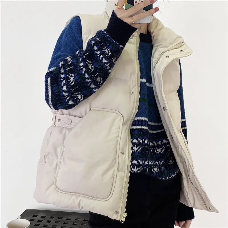 

Down Cotton Vest Jacket Women 2021 Winter New Korean Version Loose Slim Fashion Pocket Waistcoat Thick Vests Female LR1624