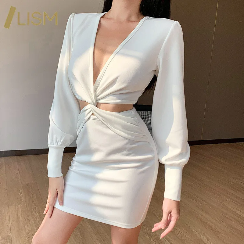 

LISM Hollow Out Two Piece Outfits Set Sexy Solid Color V-Neck Puff Sleeve Tops Shirts+Mini Skirts Office Lady Two MATCHING SETS