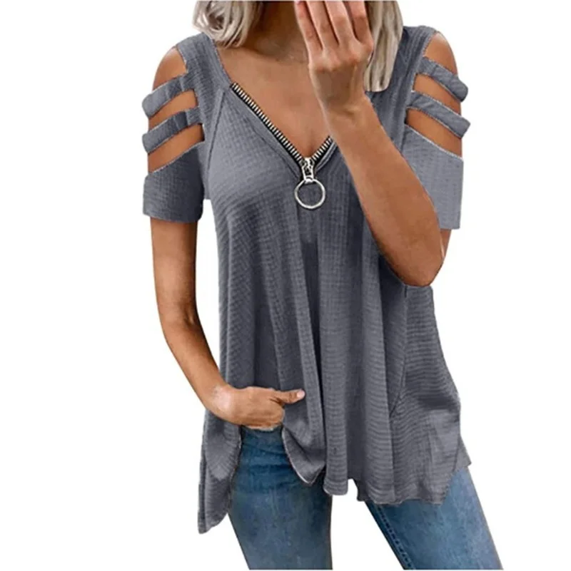 

2021 European and American new hot products V-neck zipper strapless short-sleeved solid color t-shirt top women vintage Casual