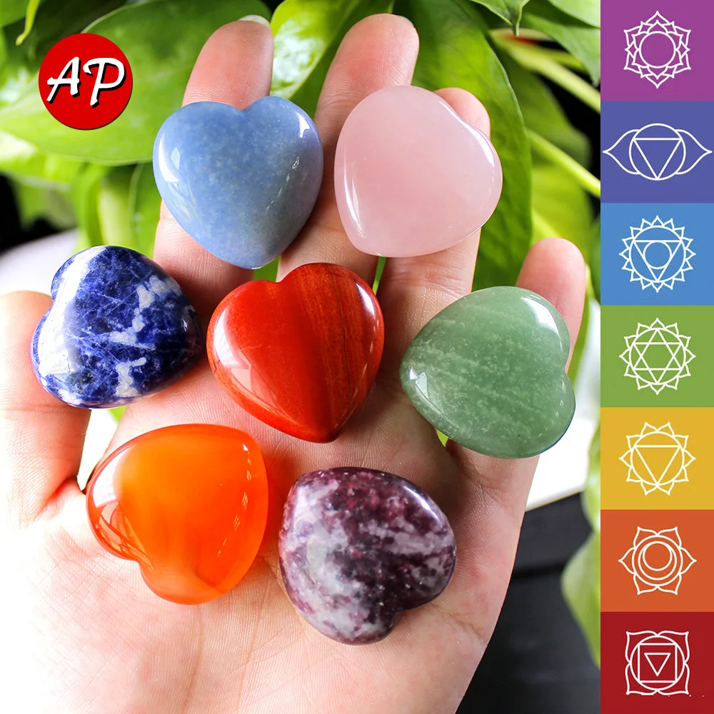 

7pcs/set Natural Quartz handicraft 3cm Love Shape Crystal Mineral Specimen Healing Stones Seven Chakras Therapy Stone