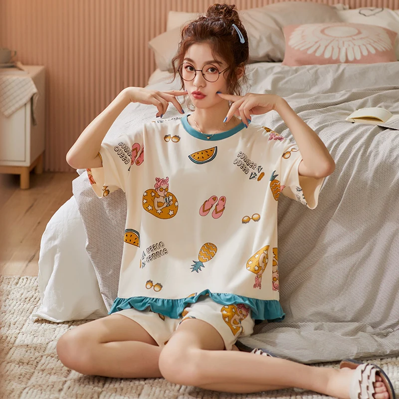 Женская пижама с круглым вырезом BZEL хлопковое повседневное нижнее белье милыми