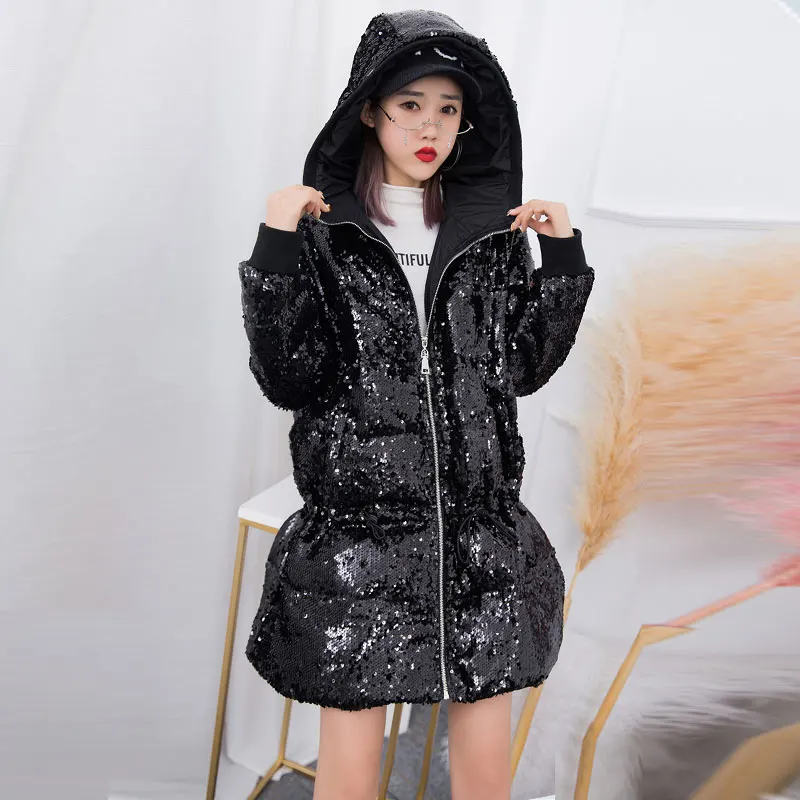 Женская хлопковая куртка с блестками свободная теплая приталенная в европейском