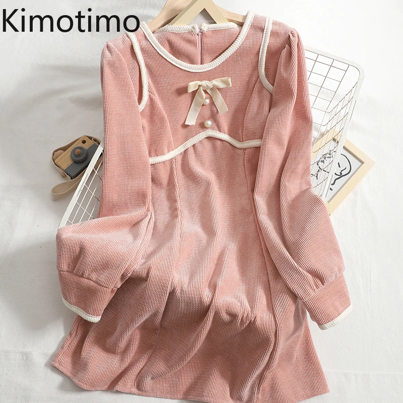 

Kimotimo Korean Style Corduroy Dress Women Spring Autumn Fake Two Temperament Bow All-match A-Line Long-sleeved Mini Dresses