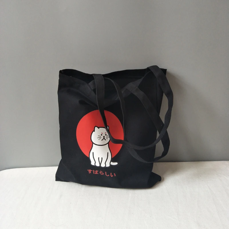 

Large Women's Shopper Bag Canvas Tote Korean Shoulder Bags Cat Shopping Bag with Print 2021 Black Cloth Handbags Eco Friendly