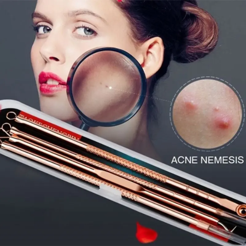 4Pcs Rose Gold Stainless Steel Acne Blackhead Remover Needles Pimple Extractor 667D