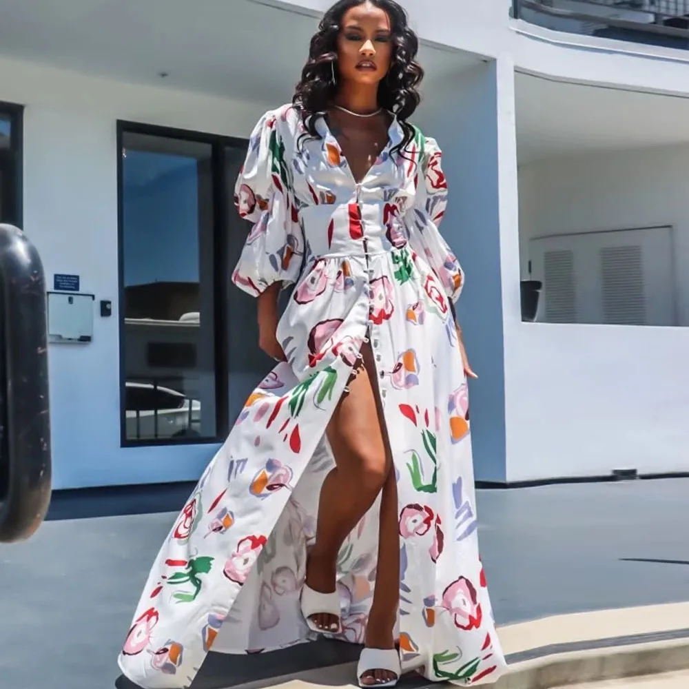 

Женское вечернее платье с цветочным принтом, длинное винтажное платье с глубоким V-образным вырезом, полурукавами-фонариками и разрезом на ...