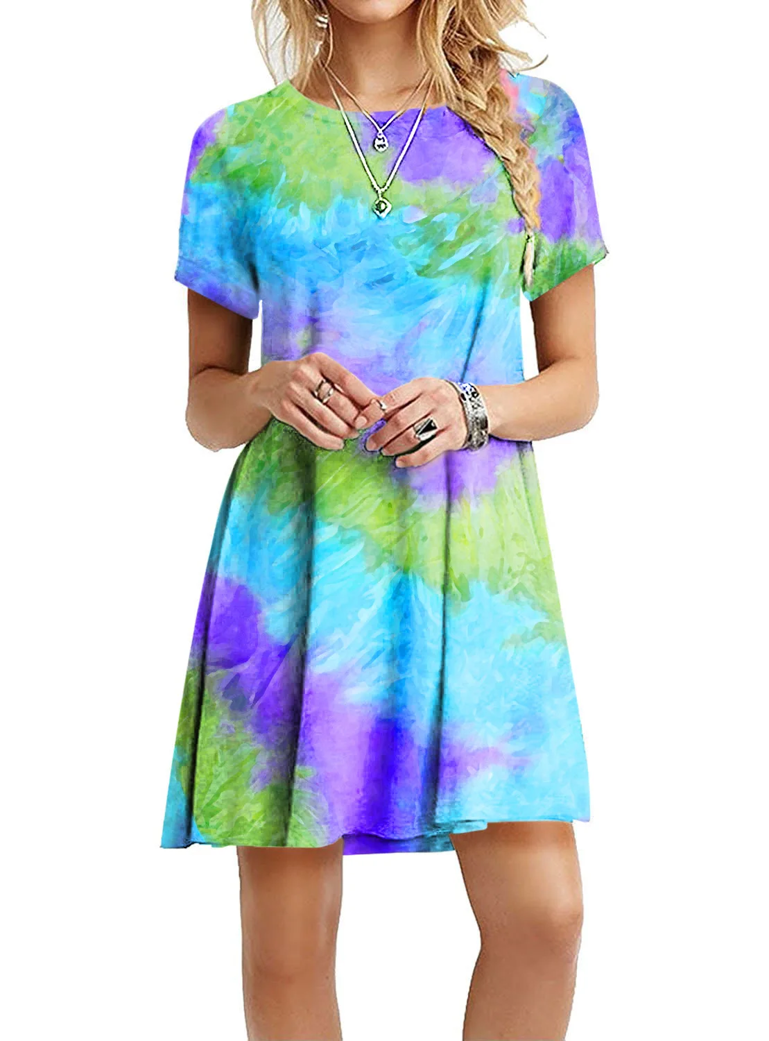 

Summer New Tie-dye Print Casual Dresses Short Sleeve Women Rainbow Gradient Color Printing Mini Short Dresses Large Size 2XL 3XL