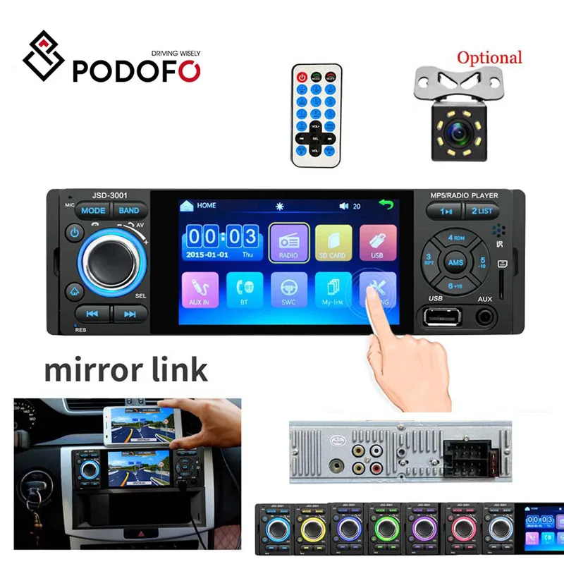Podofo " сенсорный экран Bluetooth автомобильное радио 1 Din Зеркало Ссылка Авторадио Стерео аудио MP5 видео плеер USB MP3 TF JSD-3001 радио