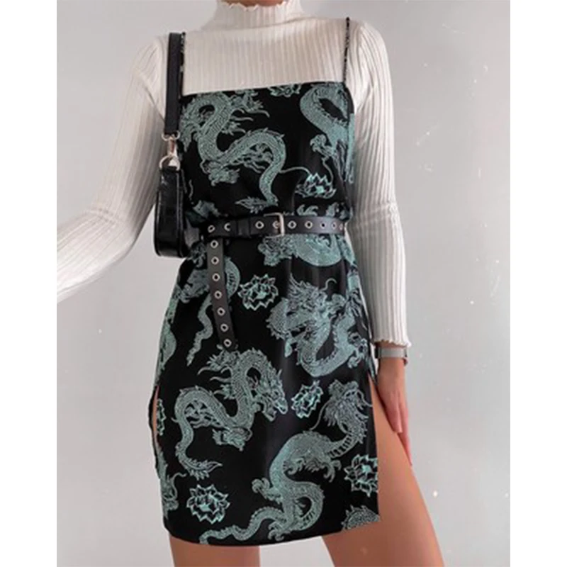 Женское облегающее платье с драконом летние сарафаны без рукавов разрезом на