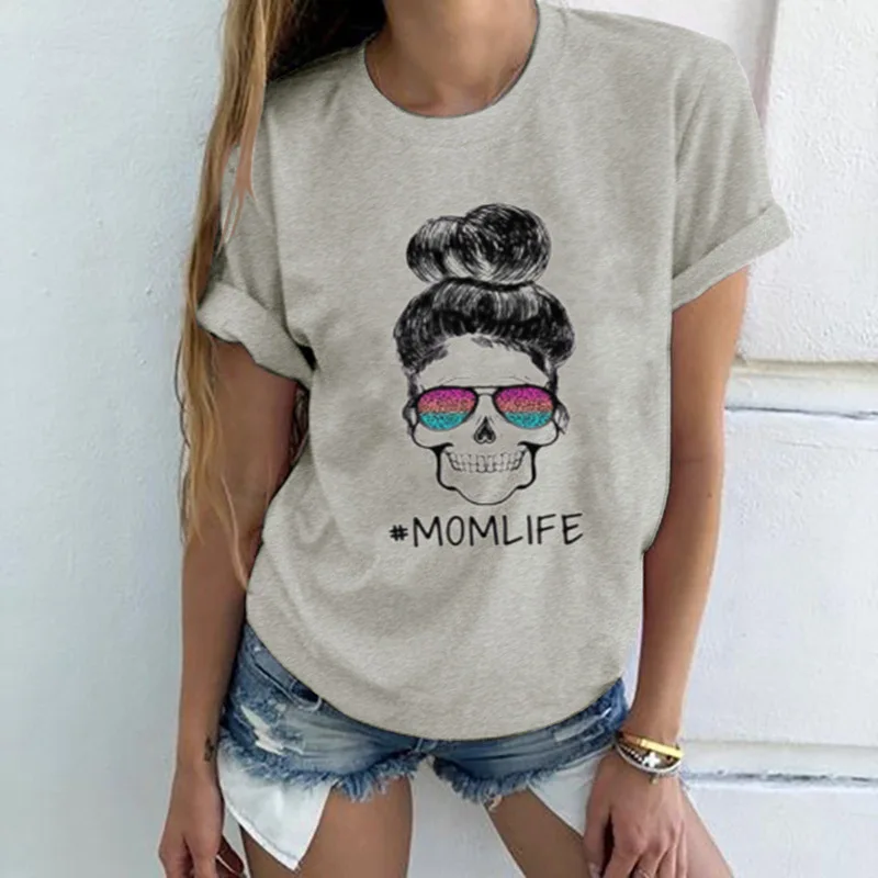 

Skull Head Momlife Print Women T Shirt Short Sleeve O Neck Loose Women Tshirt Ladies Tee Shirt Tops Clothes Camisetas Mujer