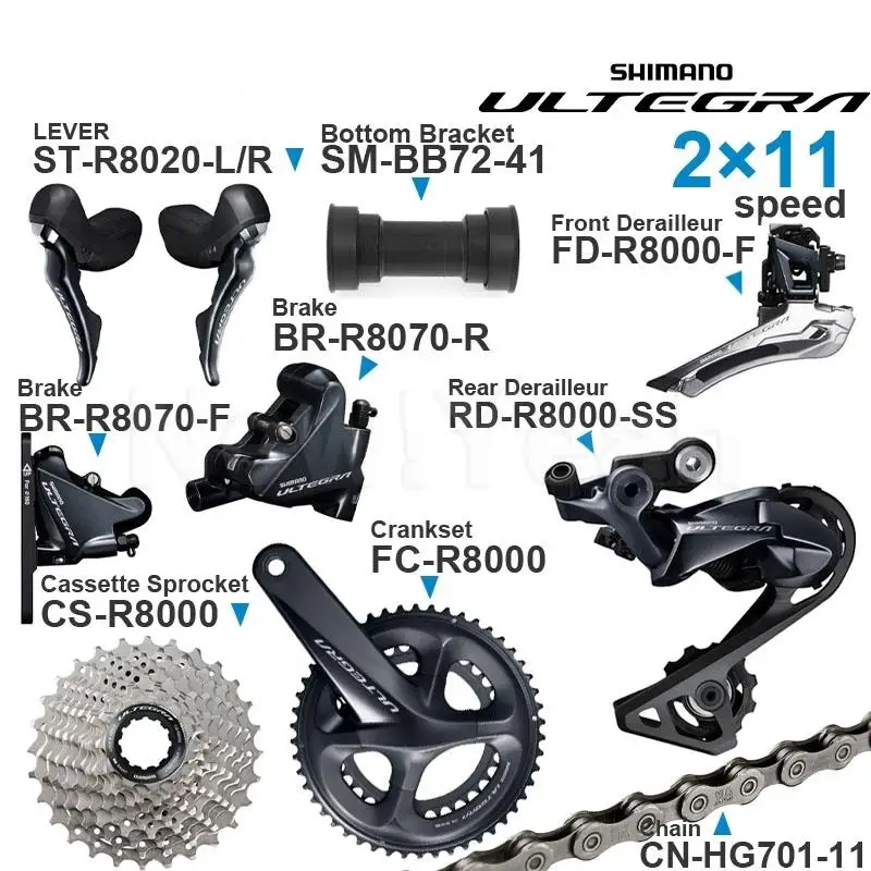 SHIMANO ULTEGRA R8020 2x11v Groupset with R8070 Brake R8020 ST Lever Cassette Sprocket Chain Front/Rear Derailleur for Road bike