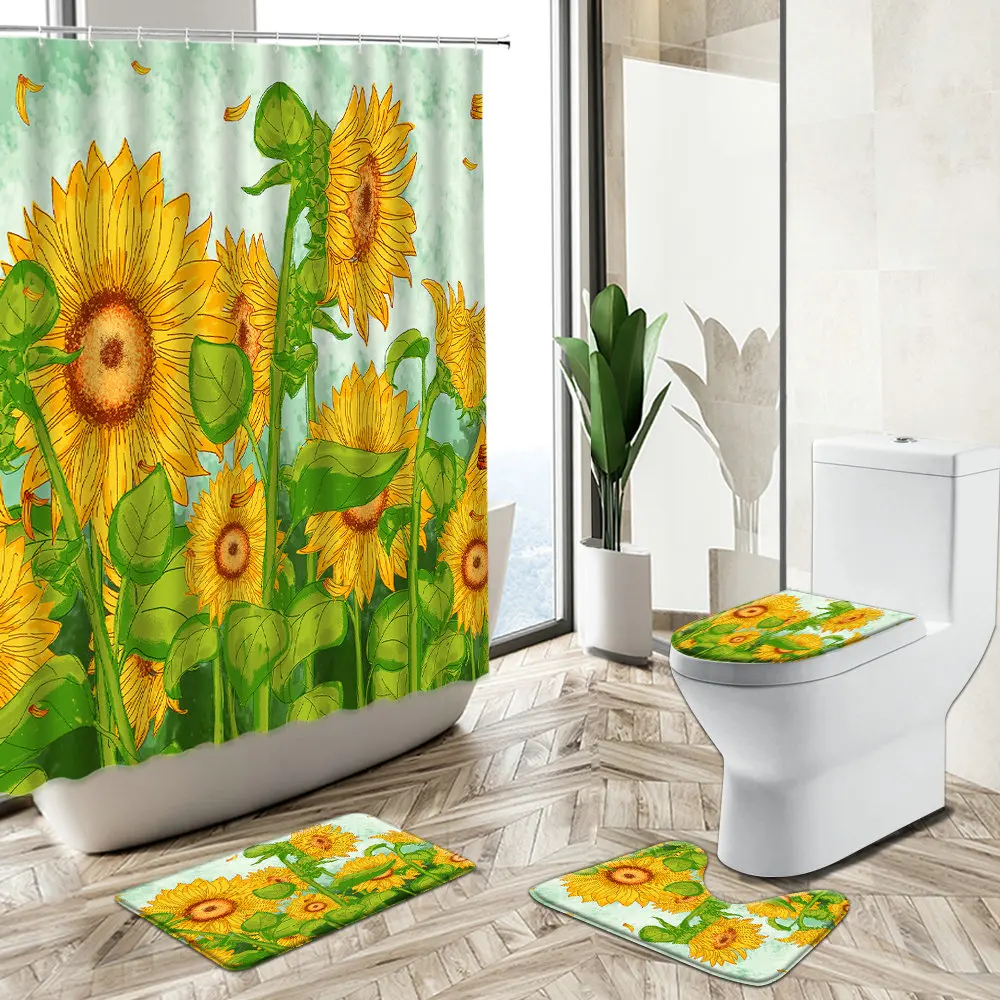 Offerte Girasole Arcobaleno Modello Tenda Da Doccia Fiore Giallo Pianta Foglia Verde Tema Estivo Tappeto Antiscivolo Copriwater Set Da Bagno