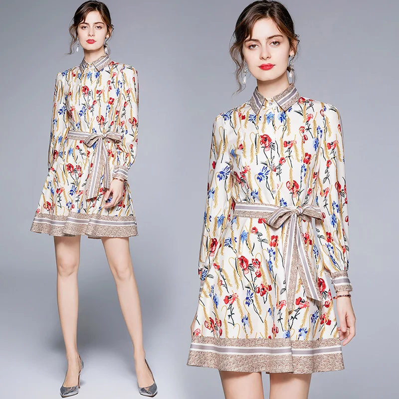 

European and American Fashion Design Bow Belt Chic Elegant Office Lady Button Shirt Dress Women Floral Print Tunic Mini Dress