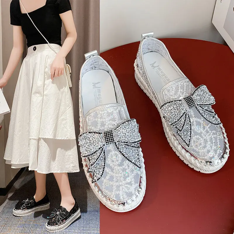 

Summer Shoes Women Flats Platform Luxury Bling Butterfly-knot Air Mesh Cool Loafers Couple Crystals Stitched Chunky Sole