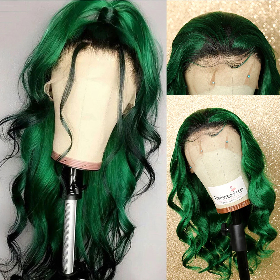 Green Color Предпочтительный 613 парик зеленый цвет с черным корни 13x6 эффектом деграде(переход от темного к человеческие волосы парик синтетические волосы Remy бразильский Синтетические волосы на кружеве парики для чернокожих Для женщин - Цвет: Green Color