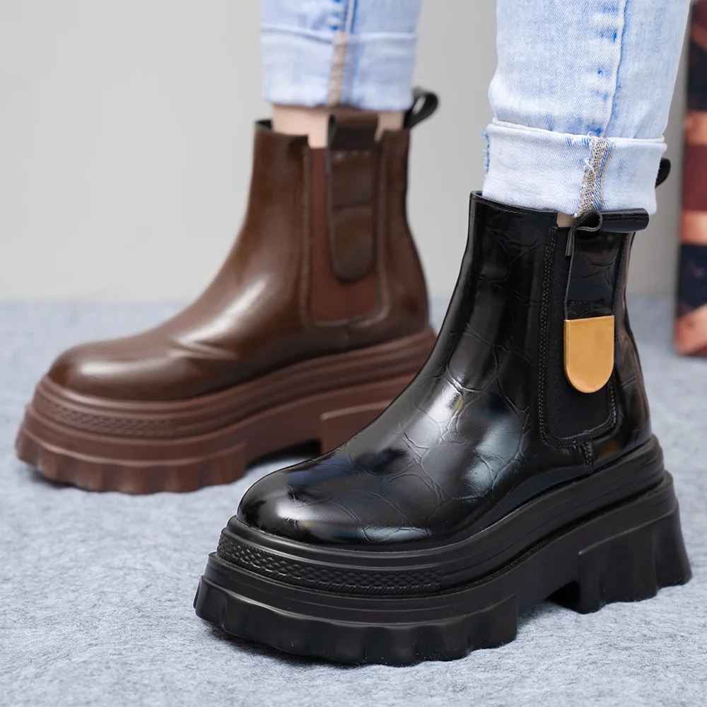 

Leather round toe women's boots thick-soled Martin boots mid-tube Chelsea boots
