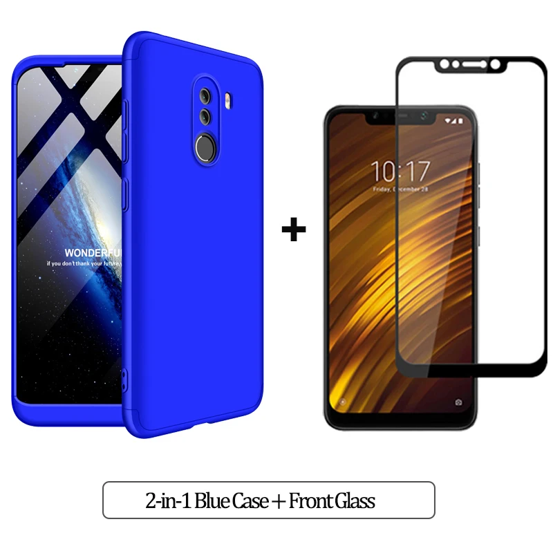 2-in-1 Blue Case 3-в-1 Стекло+ бронированный чехол для телефона xiaomi pocophone F1 case 360 Жесткий ПК анти-противоударный бампер чехол pocofone f1 оригинальным стеклянным корпусом xiaomi pocophone f1 чехол на Покофон Ф1 чехол - Цвет: 2-in-1 Blue Case