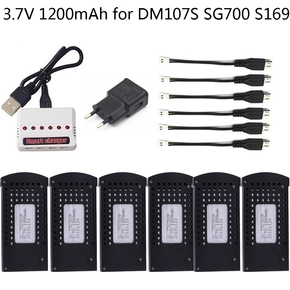 

Upgrade 1200mAh 3.7V lipo Battery with 6-Port Charger for DM107S SG700 S169 For RC Quadcopter Spare Parts 3.7v Drone Battery 1S