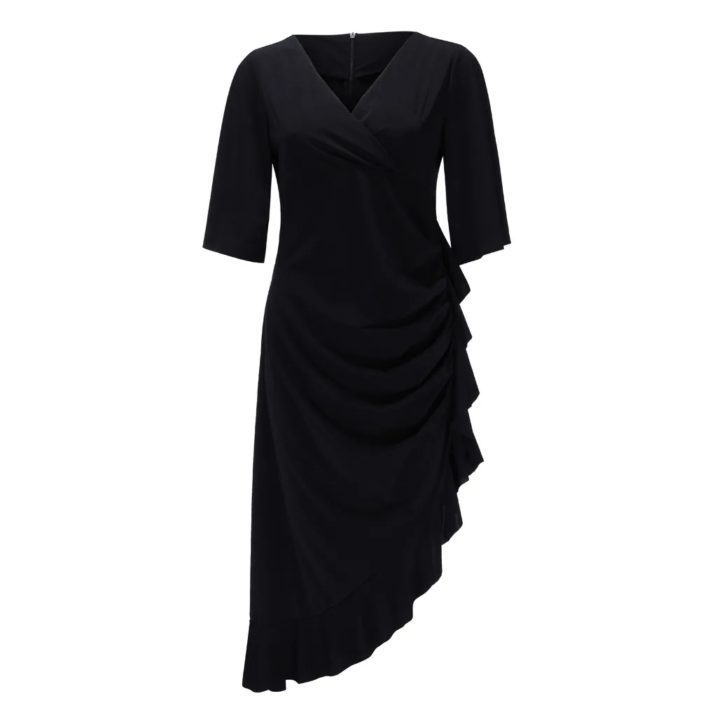 

2019 New Summer Women Bandage Dress Fashion Women V-Neck Short Sleeve Solid Bandage Ruffles Asymmetric Dress Z423
