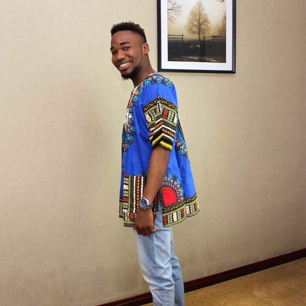 Африканская футболка синяя королевская одежда унисекс с принтом Дашики Мужская