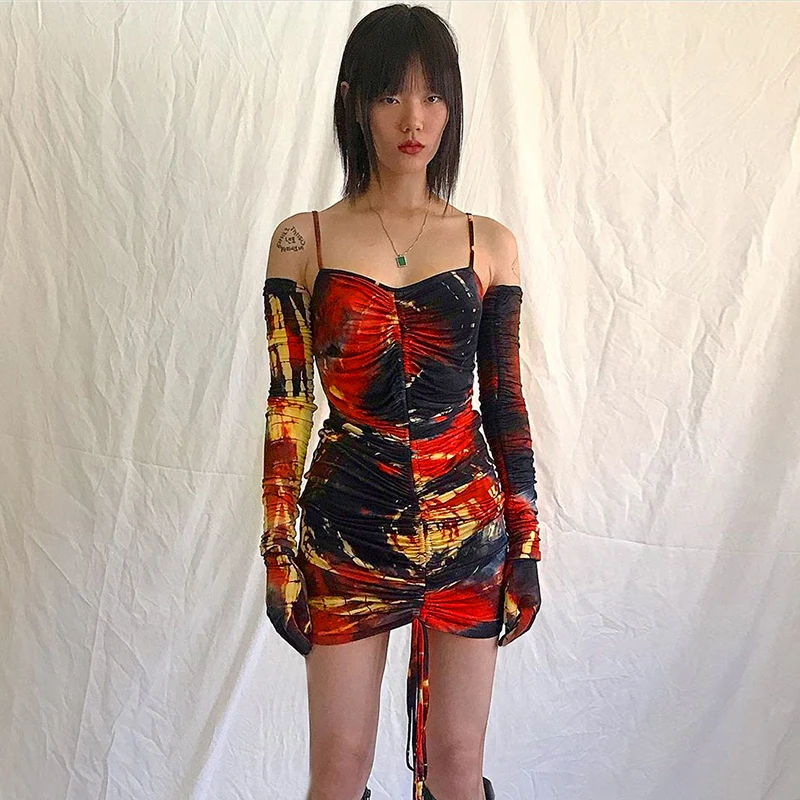InstaHot яркое платье на тонких бретельках с перчатками женский модный шнурок Ruched Вечерние мини платье Повседневная Уличная