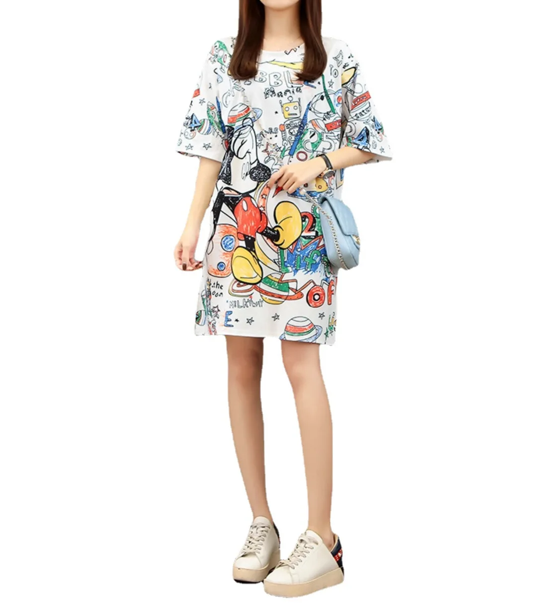 

Disney Mickey Minnie Women's Fall/Winter Cartoons Print Long Sleeve Turtleneck Loose O Neck Mid-length T-Shirt Dress Base Shirt