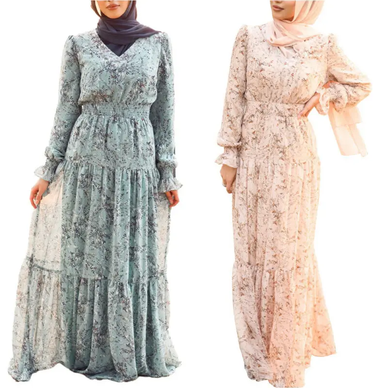 

Abaya Turkey Woman Floral High Waist Long Sleeve Muslim Abayas for Women Maxi Kaftan Dress Arabic Robe Muslim Dress