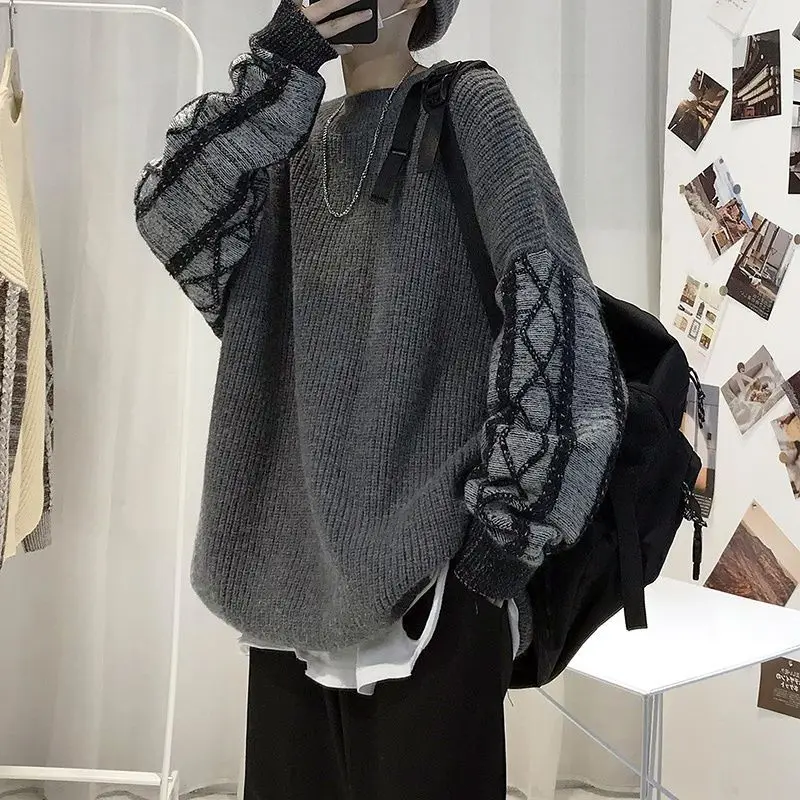 

sweaters man Autumn winter thick stitching o-neck knitted coats vintage loose contrast pullover sweater men clothes trend