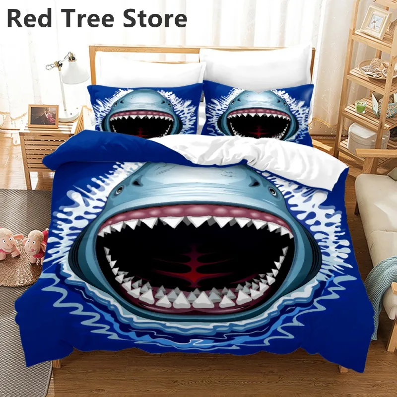 Juego de ropa de cama con estampado 3D de tiburón, juego de funda de edredón con estampado de dibujos animados de animales marinos, ropa de cama de 2/3 piezas, tamaño Queen y King