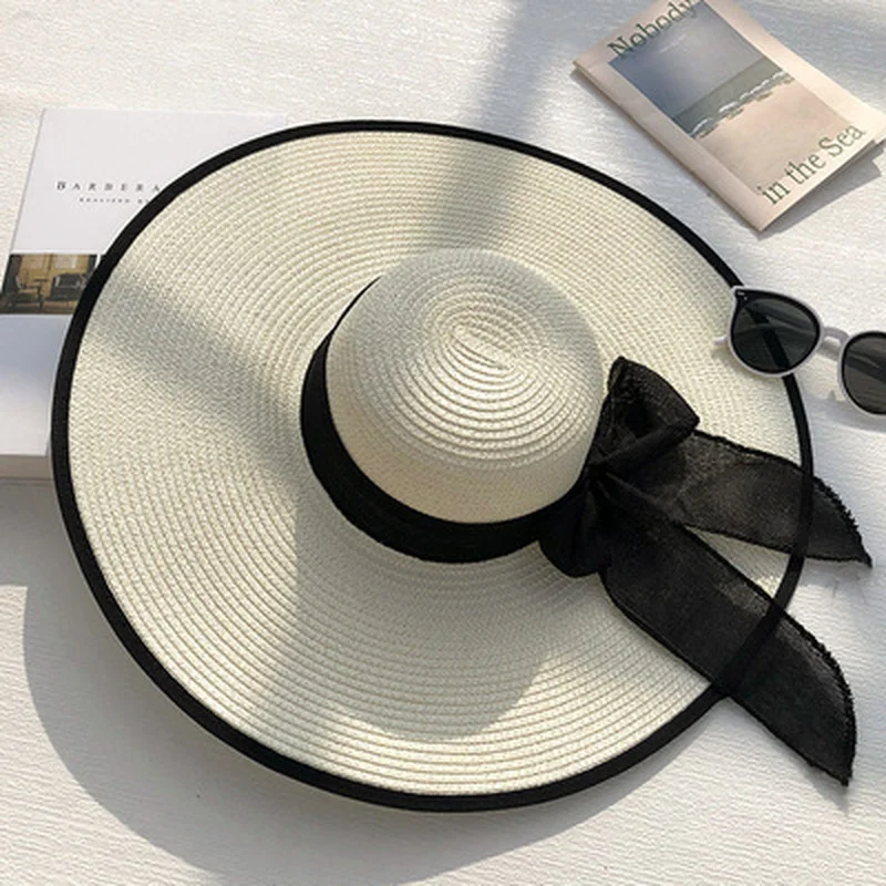 

women hats summer big brim 15cm ribbon bow elegant sun hats straw dome beach outdoor sun protection panama sun summer women hats