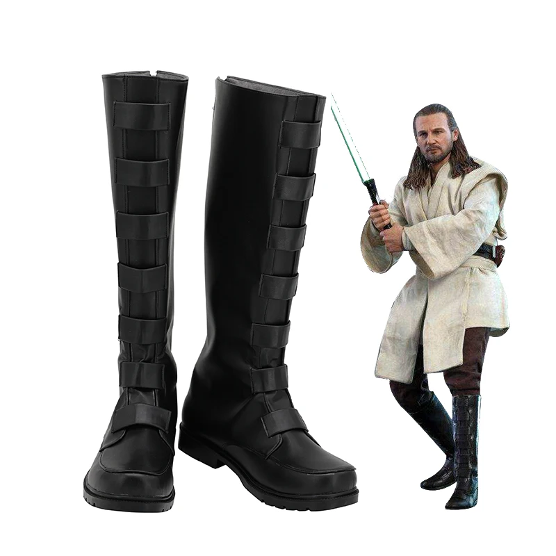 

Fast Shipping Star Cosplay Shoes Boots Jedi Master Qui Gon jinn Cosplay Adult Black Boots Halloween Costume Custom Made