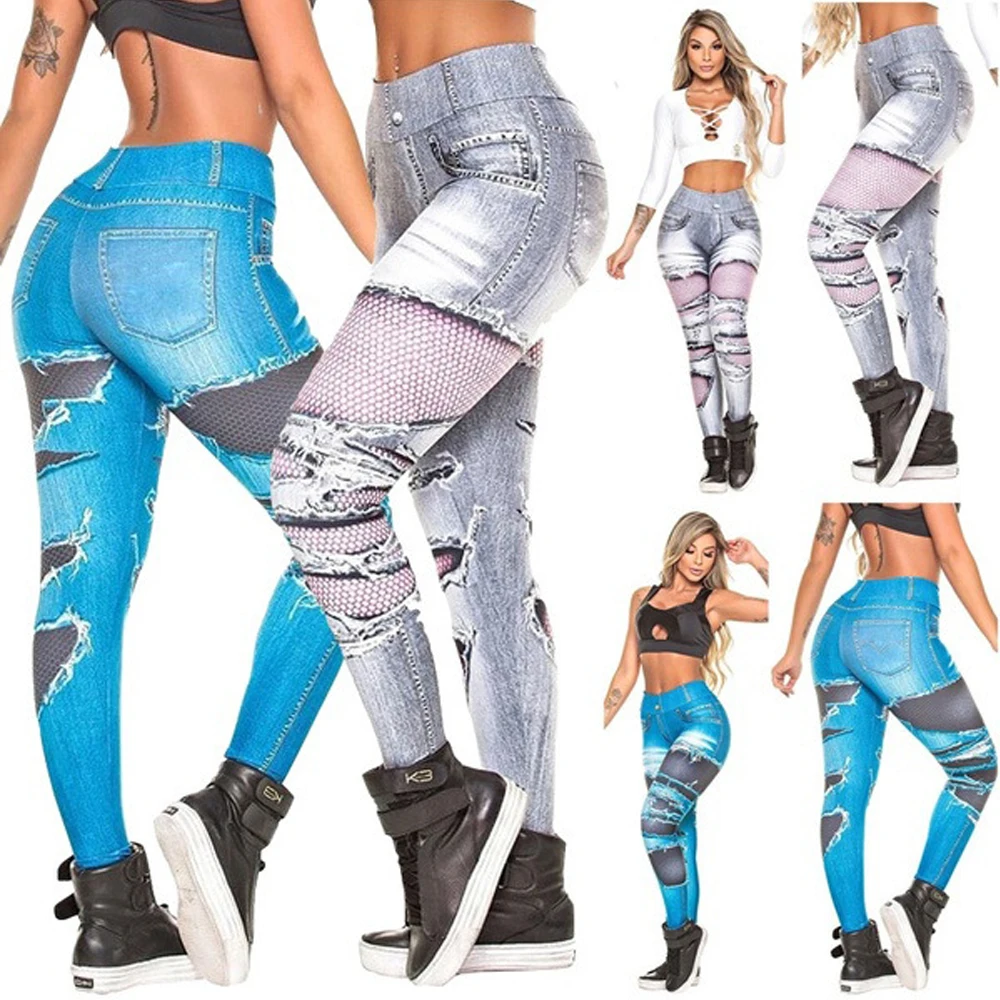 

Леггинсы женские спортивные для фитнеса, новинка, имитация джинсового принта, тренировочные джоггеры, трико для спортзала, спортивная одеж...